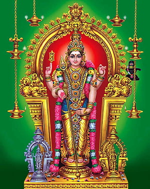 Lord Murugan Divine Deity in Golden Temple Arch with Hanging Oil Lamps and Floral Garland HD phone wallpaper