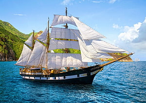 Classic Tall Ship Sailing on Turquoise Waters Near Lush Tropical Islands HD wallpaper