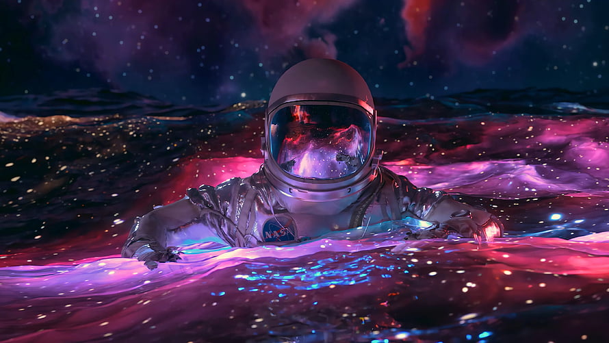 Astronaut Floating in Cosmic Nebula Ocean with Glowing Stars and Purple Hues HD wallpaper