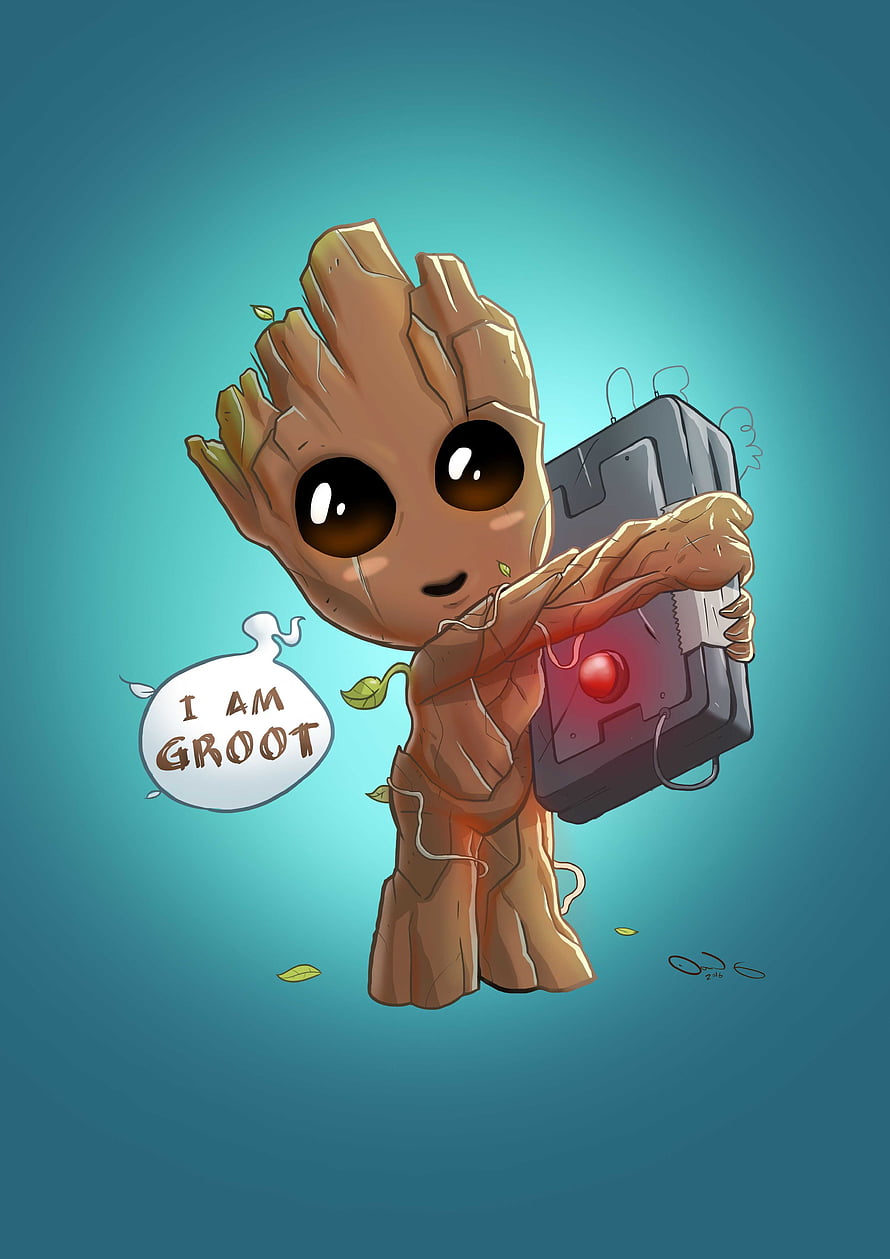 Cute Baby Groot Holding a Device with I Am Groot Speech Bubble on Teal Background HD phone wallpaper