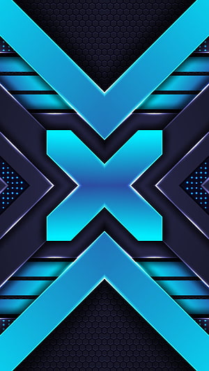 Neon Cyan X Geometric Pattern on Dark Hexagonal Background HD phone wallpaper