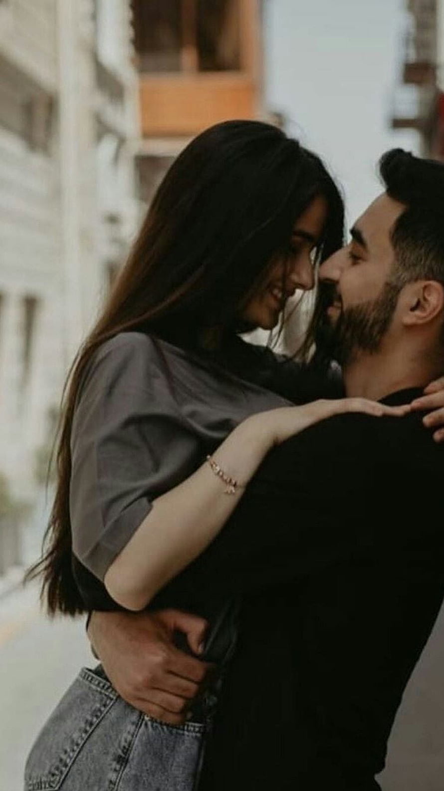 Romantic Couple Embracing and Smiling in an Urban Street Setting, Couple, Love, romantic HD phone wallpaper