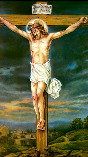 Jesus Christ on the Cross with Halo and Crown of Thorns in Classical Religious Painting HD phone wallpaper