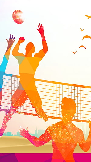 Vibrant Geometric Volleyball Players at the Net in a Colorful Low Poly Style HD phone wallpaper