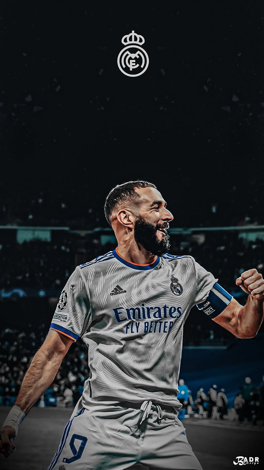 Karim Benzema celebrating in Real Madrid white kit with Emirates sponsor logo HD phone wallpaper