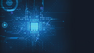 Glowing Blue Microchip Circuit Board with Digital Data Streams and Tech Elements HD wallpaper