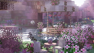 Minecraft Pink Flower Garden with Gazebo and Pond HD wallpaper