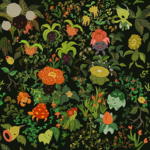 Grass Type Pokemon Pattern Illustration Featuring Bulbasaur, Oddish, and Bellsprout in a Dense Forest HD phone wallpaper