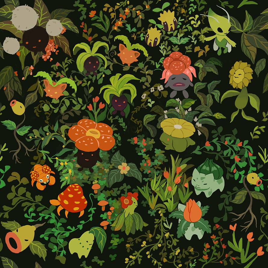Grass Type Pokemon Pattern Illustration Featuring Bulbasaur, Oddish, and Bellsprout in a Dense Forest HD phone wallpaper