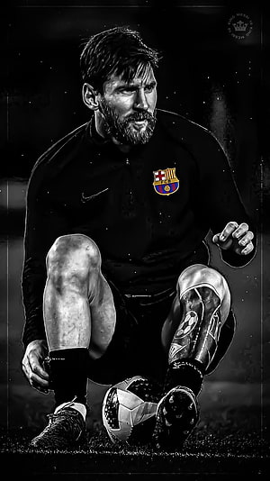 Lionel Messi in Black and White FC Barcelona Training Portrait HD phone wallpaper