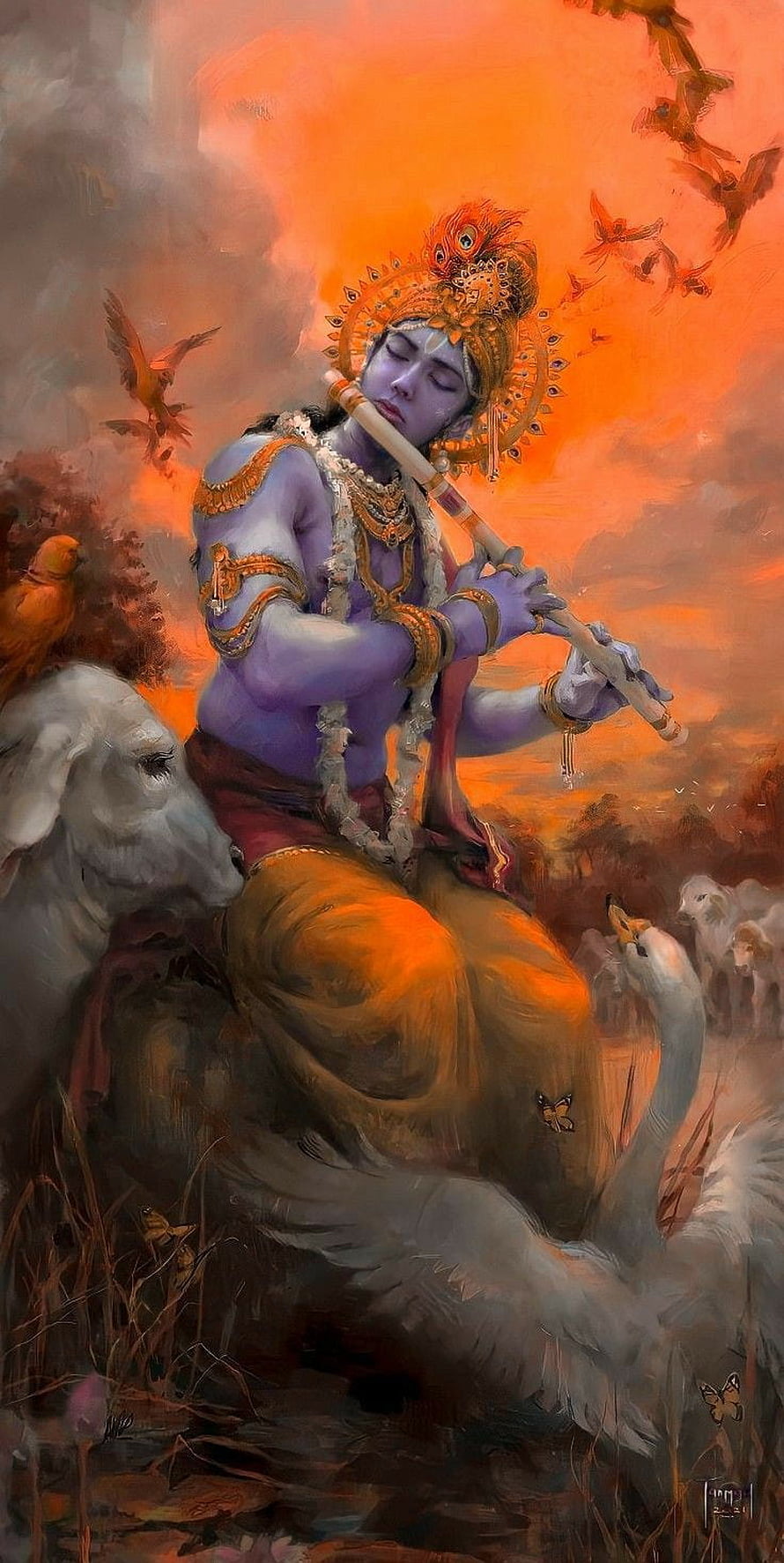 Krishna Playing Flute With Peacock Feather Crown And White Swan HD phone wallpaper