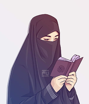 Digital illustration of a woman in a black niqab reading the Quran with a serene expression, Wow 30 Gambar Kartun Berhijab Cadar - Kumpulan Kartun . Hijab cartoon, Hijab drawing, Islamic cartoon HD phone wallpaper
