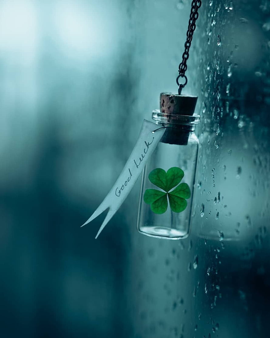 Four Leaf Clover In A Glass Bottle With Good Luck Note Hanging By Rainy Window HD phone wallpaper