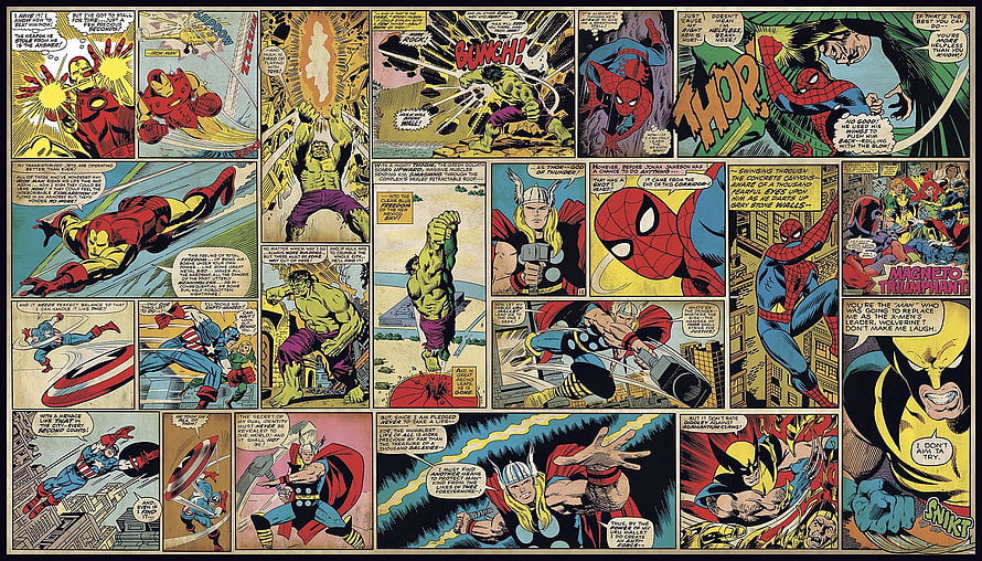 Classic Marvel Avengers Comic Page Featuring Spider-Man, Thor, and Iron Man HD wallpaper