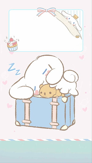 Cinnamoroll Sleeping in Blue Suitcase with Rilakkuma on Pastel Pink Background HD phone wallpaper