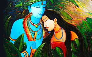 Radha Krishna Devotional Artwork with Flute and Lush Green Foliage HD wallpaper
