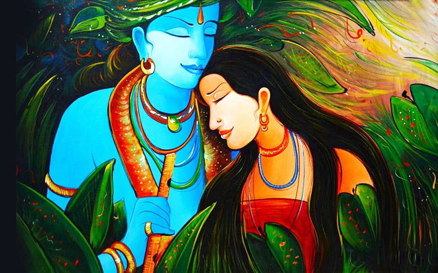 Radha Krishna Devotional Artwork with Flute and Lush Green Foliage HD wallpaper