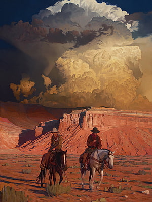 Mark Maggiori Western Art: Two Cowboys on Horseback in a Dramatic Desert Canyon HD phone wallpaper