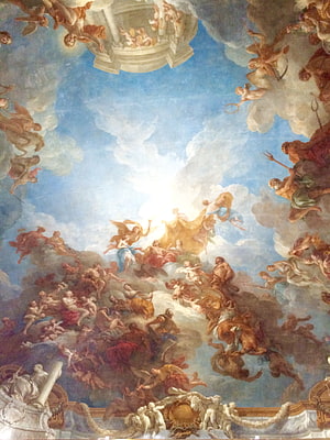 Baroque Ceiling Fresco Depicting Celestial Figures and Angels in Clouds HD phone wallpaper