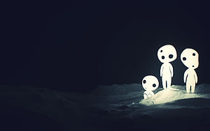 Kodama Forest Spirits from Studio Ghibli in a Dark Minimalist Landscape HD wallpaper