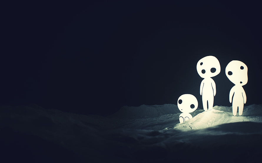Kodama Forest Spirits from Studio Ghibli in a Dark Minimalist Landscape HD wallpaper