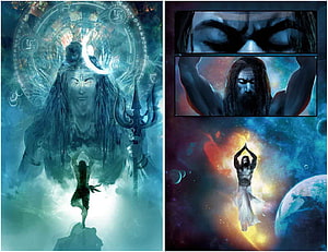 Ravana and Shiva Cosmic Fantasy Artwork with Trishul and Celestial Nebula Background HD wallpaper