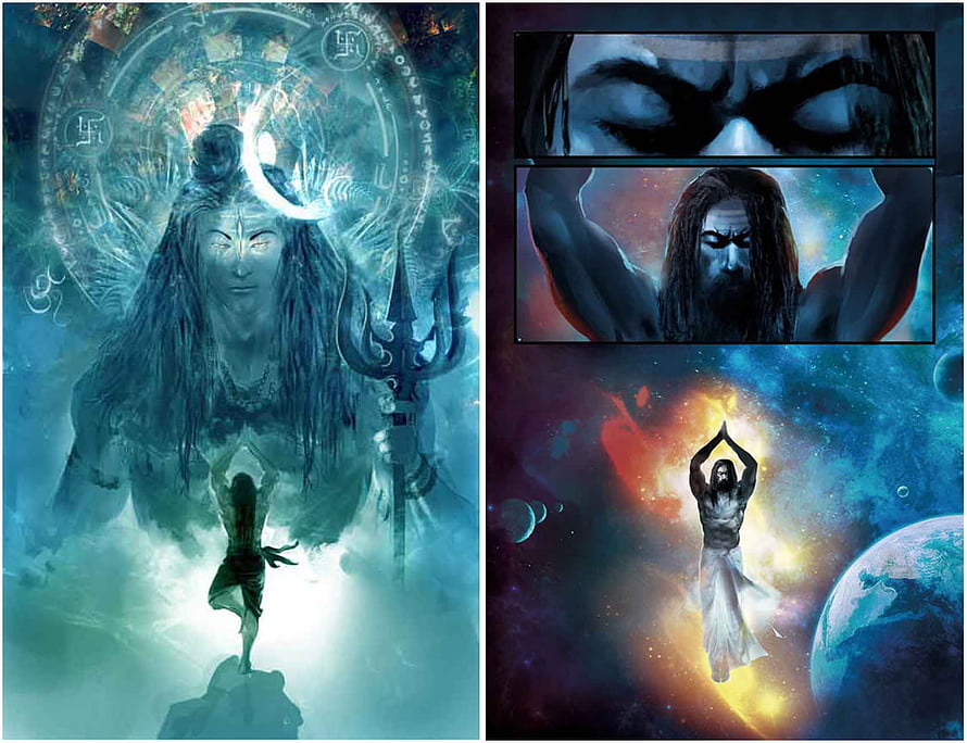 Ravana and Shiva Cosmic Fantasy Artwork with Trishul and Celestial Nebula Background HD wallpaper