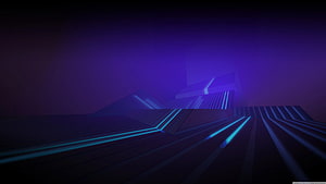 Dark futuristic geometric landscape with glowing blue neon lines and purple atmospheric haze HD wallpaper