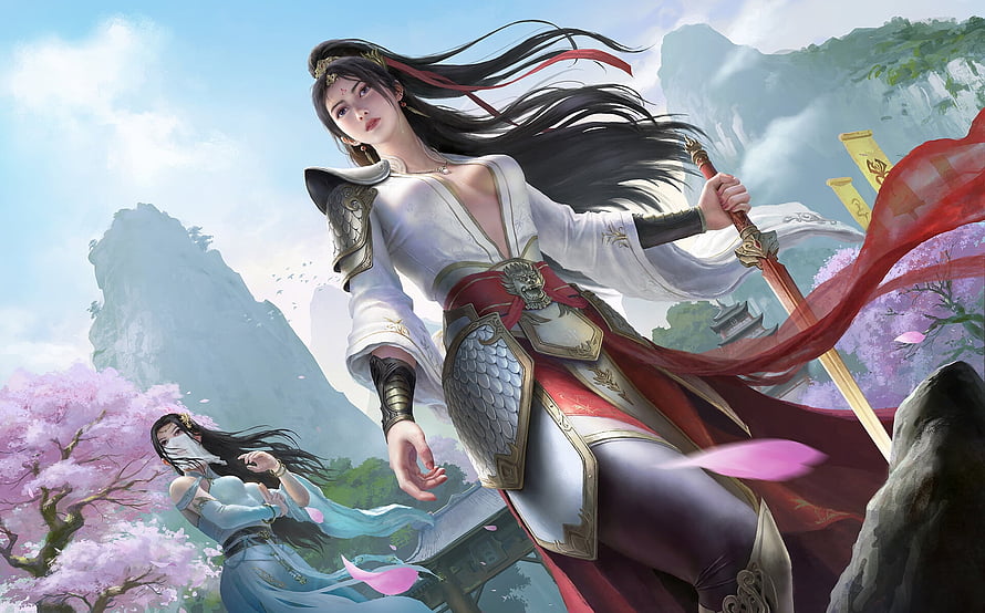 Elegant Warrior Woman in White and Red Armor Holding Sword Amidst Cherry Blossoms, Fantasy girl, evil chen, frumusete, asian, fantasy, art, luminos, girl HD wallpaper