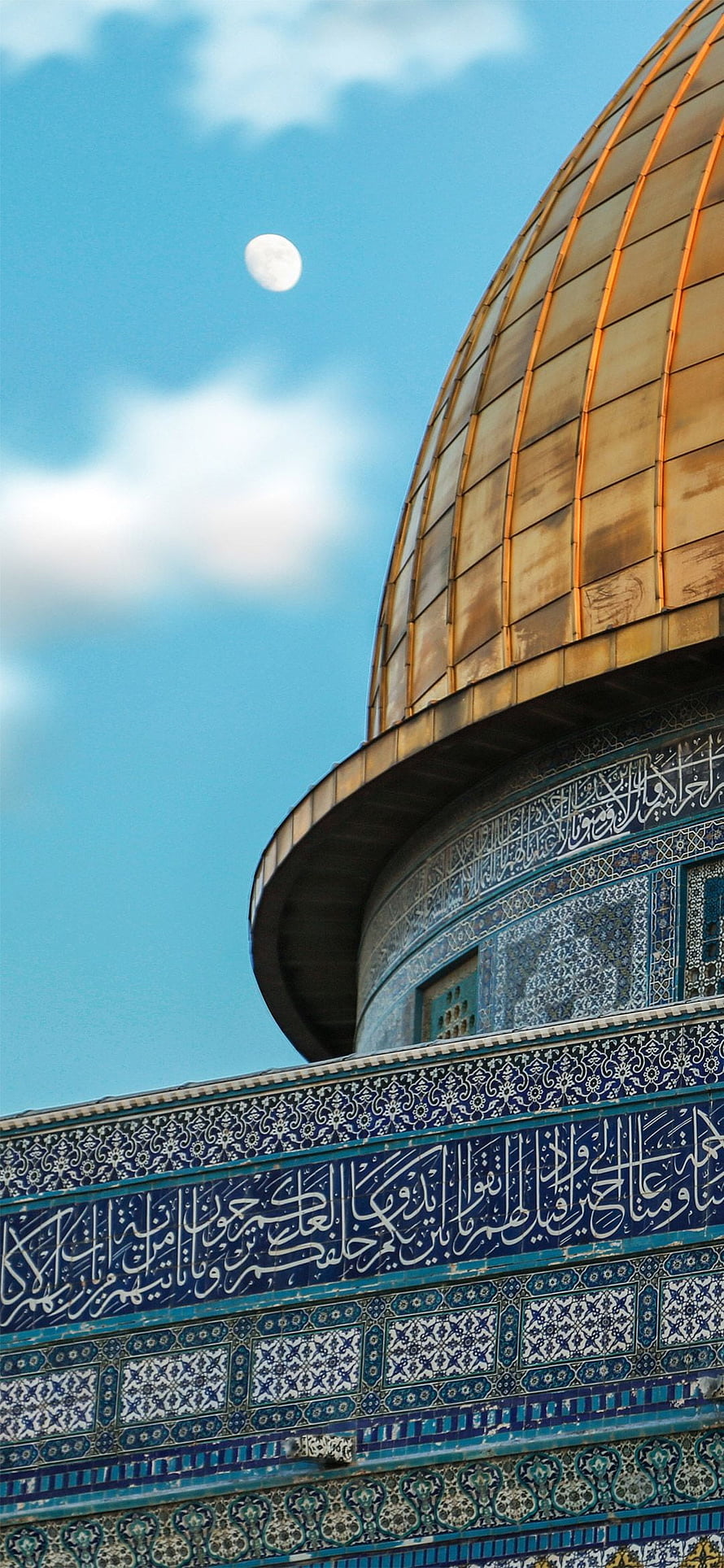 Dome of the Rock in Jerusalem with golden dome and blue tiles under a blue sky with the moon HD phone wallpaper