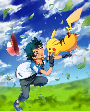 Ash Ketchum and Pikachu Leaping Through a Sunny Grassland with Floating Leaves HD phone wallpaper
