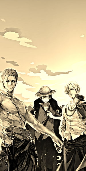 One Piece Straw Hat Pirates Luffy Zoro Sanji Sepia Anime Wallpaper HD phone wallpaper
