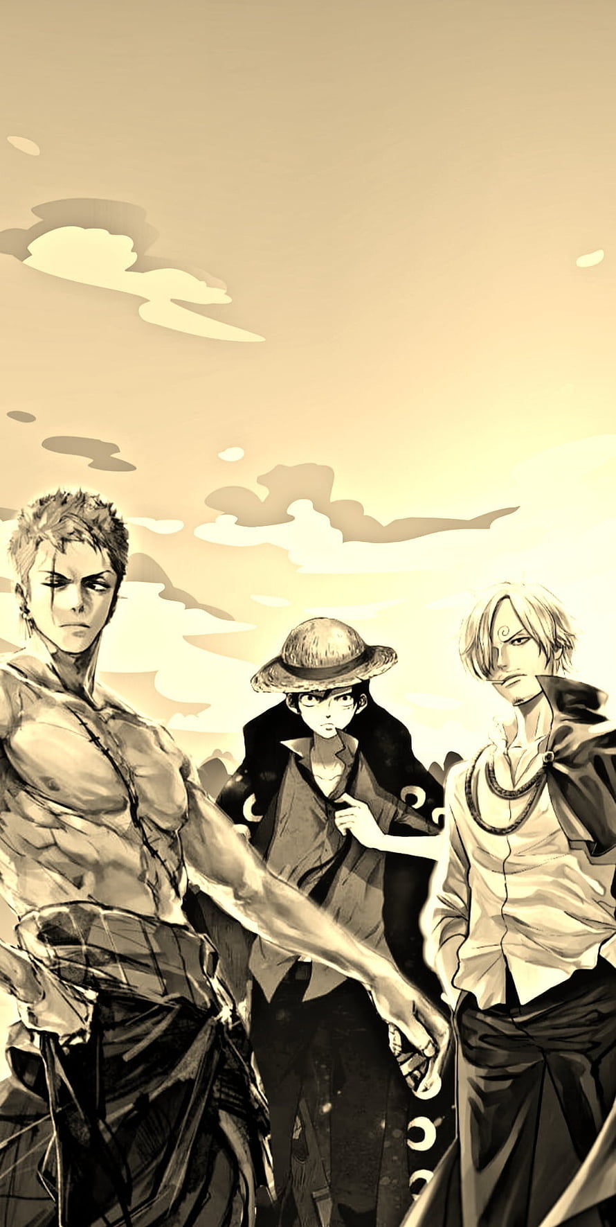 One Piece Straw Hat Pirates Luffy Zoro Sanji Sepia Anime Wallpaper HD phone wallpaper