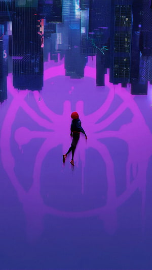 Miles Morales Standing in a Purple Spider Symbol in a Neon Cyberpunk City HD phone wallpaper
