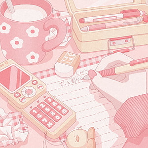 Pastel Pink Kawaii Desk Scene with Retro Phone, Coffee, and Stationery HD phone wallpaper
