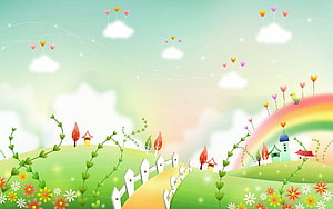 Whimsical Cartoon Landscape With Rainbow, Rolling Hills, And Heart-Shaped Balloons HD wallpaper