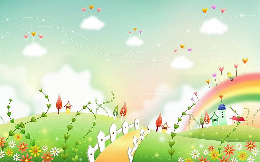 Whimsical Cartoon Landscape With Rainbow, Rolling Hills, And Heart-Shaped Balloons HD wallpaper