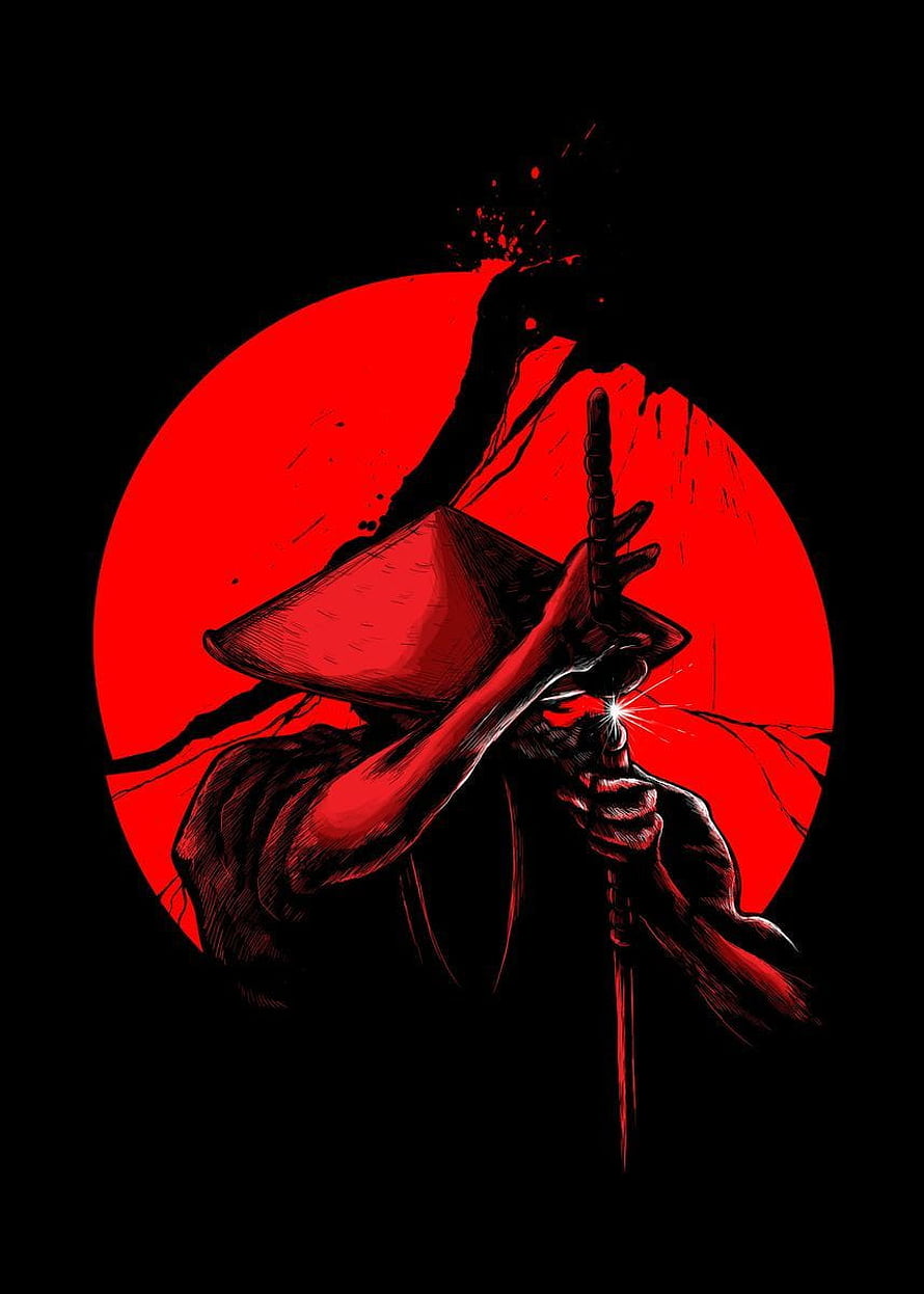 Silhouette of a Ninja Warrior Holding a Katana Against a Red Sun HD phone wallpaper