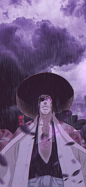 Bleach Anime Wallpaper: Kenpachi Zaraki in Rainy Purple Atmosphere HD phone wallpaper