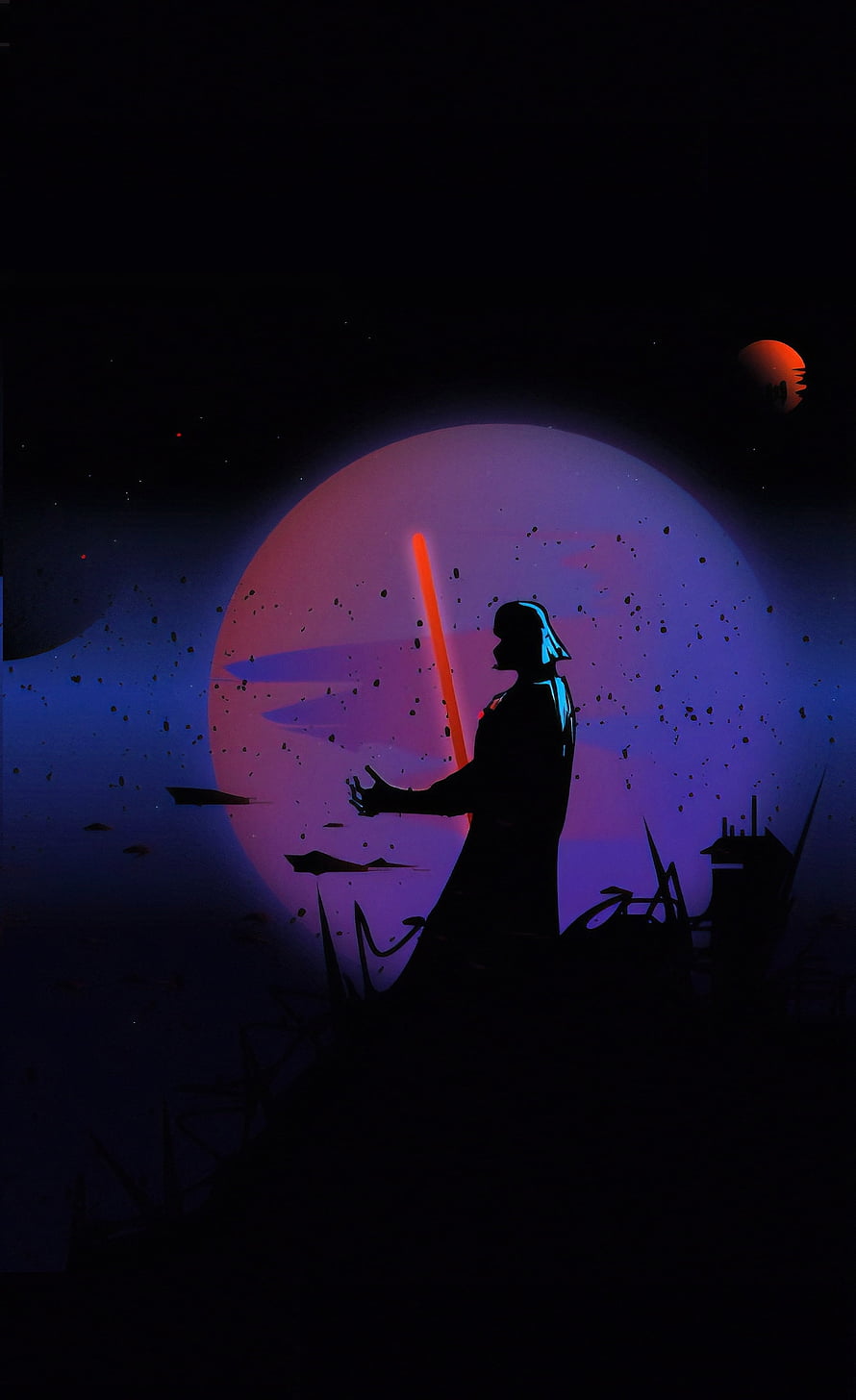 Darth Vader Silhouette Holding Red Lightsaber Against a Purple Planet in a Dark Sci-Fi Landscape HD phone wallpaper