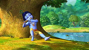 Baby Krishna Playing Flute Under Tree Near River HD wallpaper