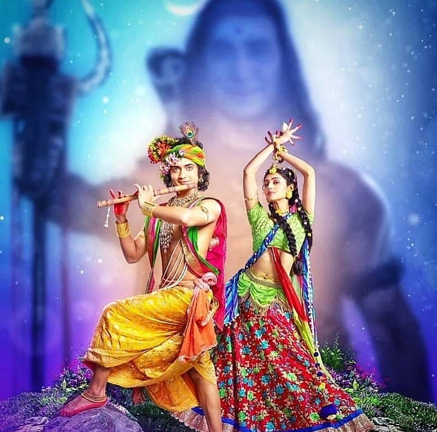 Radha Krishna Devotional Artwork with Flute and Dance Pose HD wallpaper