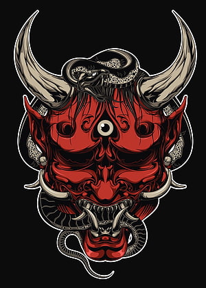 Red Oni Demon Mask with Horns and Snake in Japanese Tattoo Style HD phone wallpaper