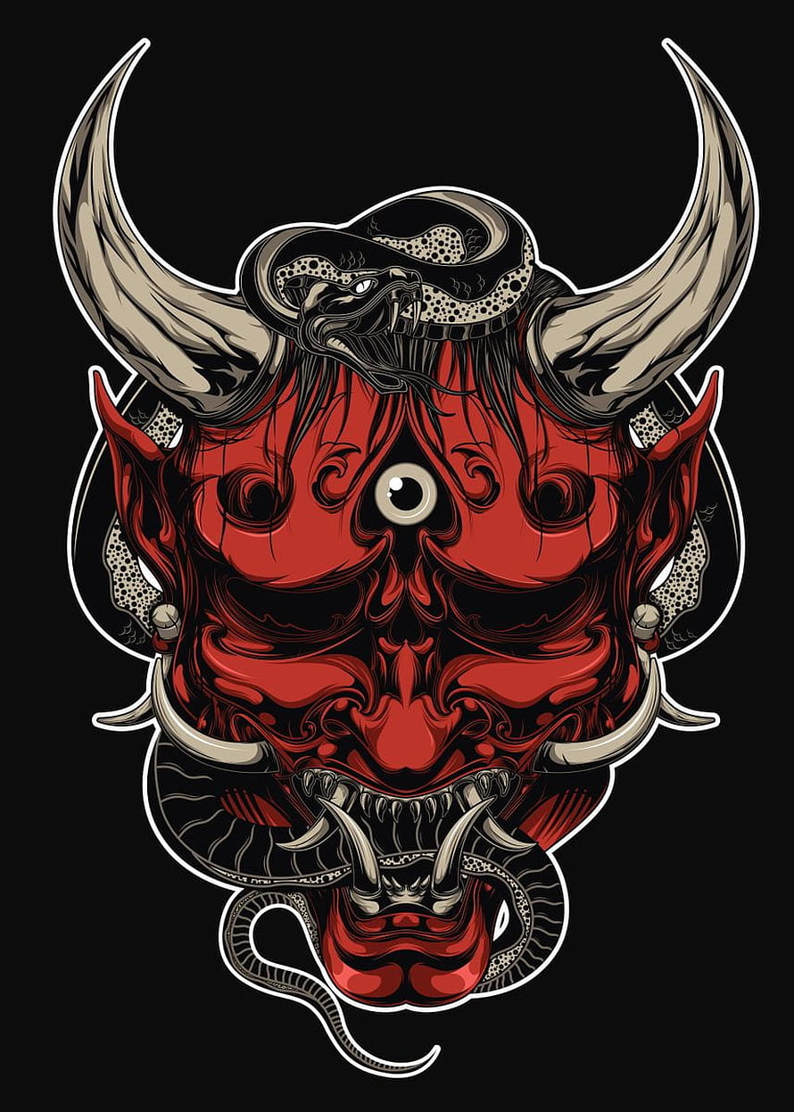 Red Oni Demon Mask with Horns and Snake in Japanese Tattoo Style HD phone wallpaper