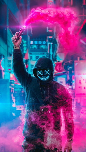 Hacker in Neon Mask Holding Pink Smoke Bomb in Cyberpunk City HD phone wallpaper