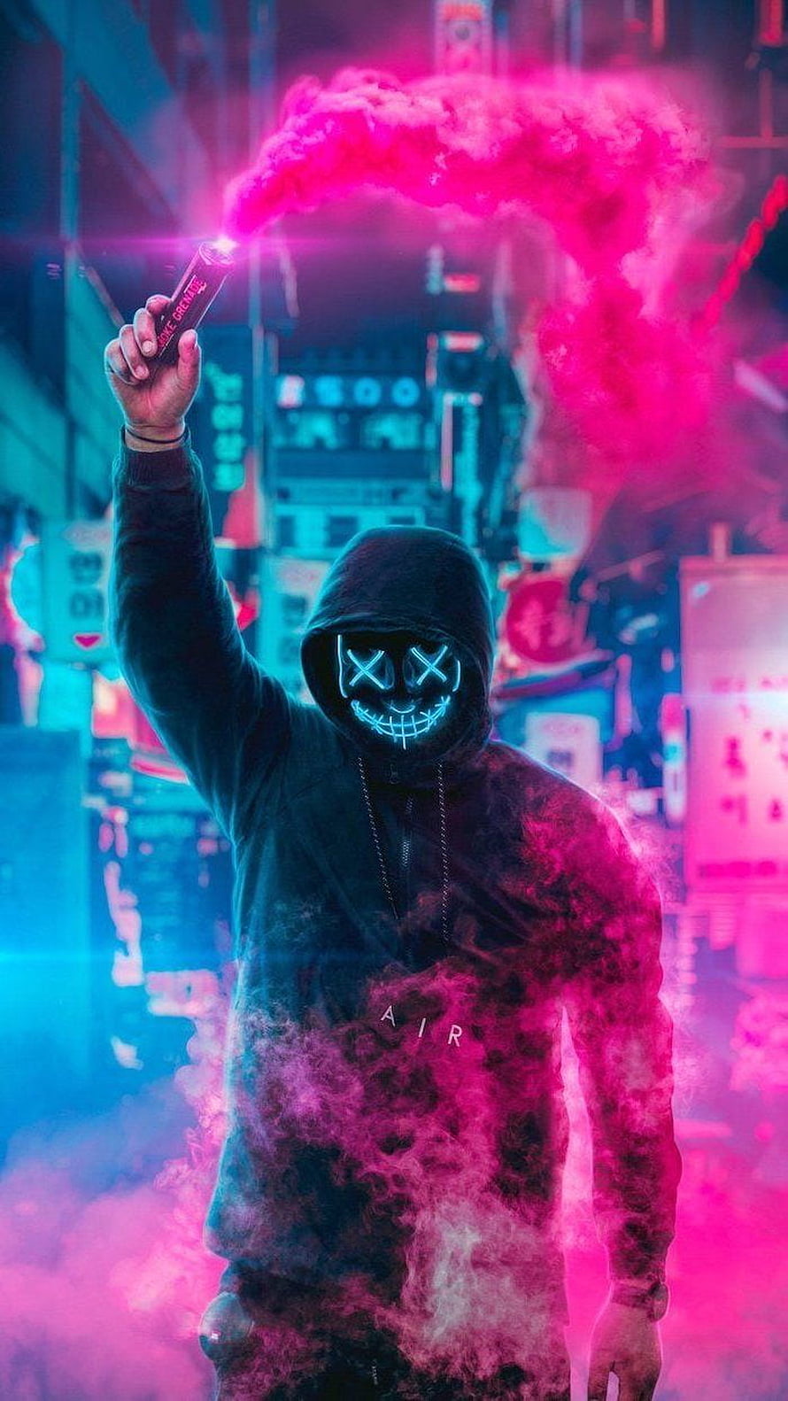 Hacker in Neon Mask Holding Pink Smoke Bomb in Cyberpunk City HD phone wallpaper