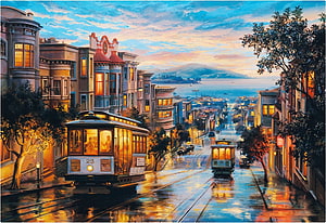 San Francisco Cable Car Descending Steep Street at Sunset with Bay View HD wallpaper
