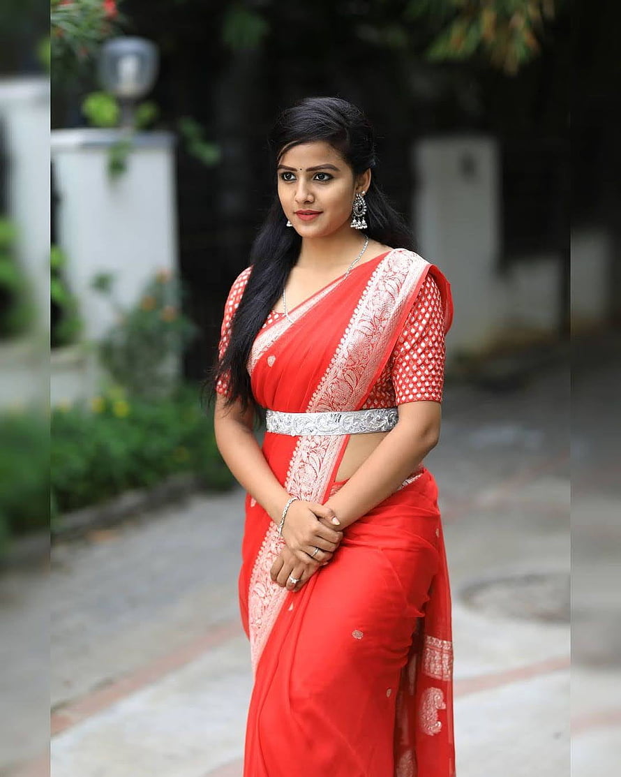 Vaishnavi Chaitanya in a Red Silk Saree with Silver Zari Border and Traditional Jewelry HD phone wallpaper