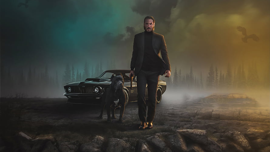 John Wick Walking with Dog and Classic Mustang in Misty Forest HD wallpaper