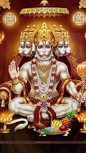Five-Headed Hanuman Wallpaper with Golden Crown and Offerings, Panchmukhi Hanuman, God Hanuman HD phone wallpaper